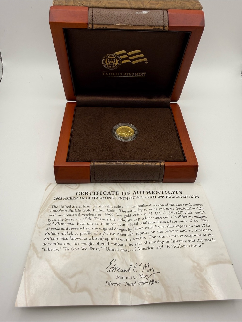 2008 American Buffalo 1/10 oz Gold Coin in Brown Presentation Case W/ COA Rare